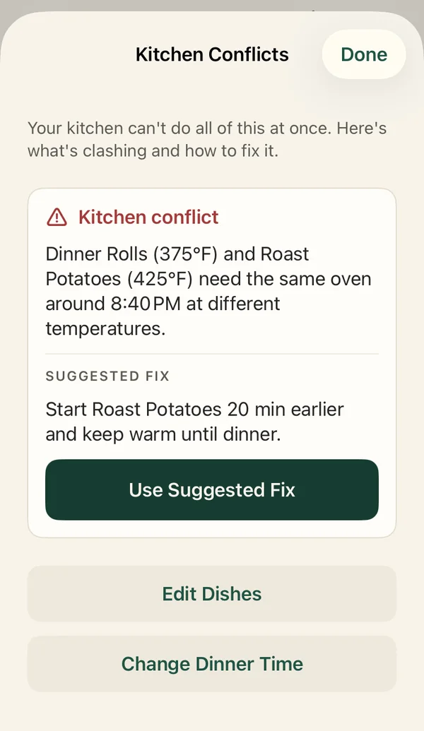 A kitchen conflict between dinner rolls at 375°F and roast potatoes at 425°F, with a suggested fix