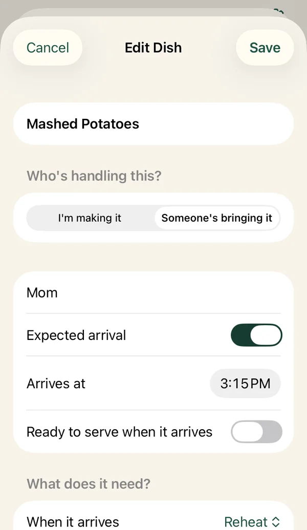 Editing a dish that Mom is bringing, arriving at 3:15 PM, to be reheated