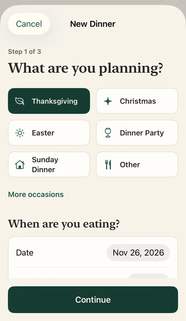 Planning a new dinner: choosing Thanksgiving and the date, November 26, 2026
